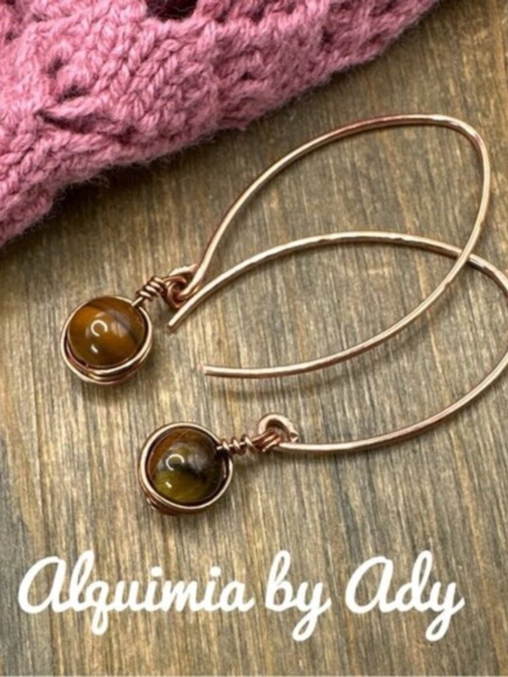 Alquimia Rose Gold Teardrop Hoop Earrings with Tiger Eye Beads